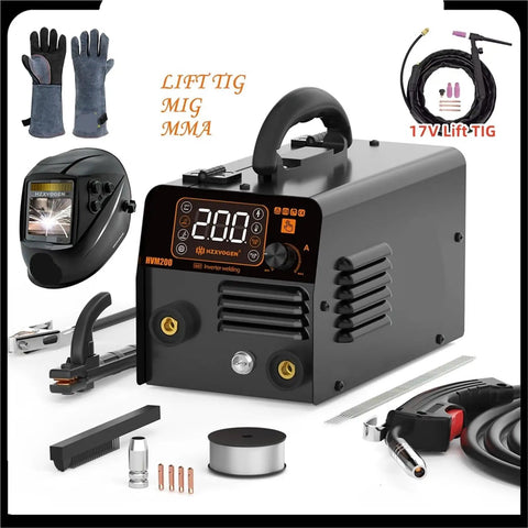 All In One 3 In 1 Semi Automatic Welding Machine For MMA MIG Lift TIG Inverter Non Gas Welder HVM200 with accessories displayed