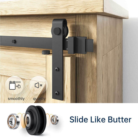 Close-up of 2.5 Ft Sliding Barn Door Hardware Track Kit For Cabinets And More, Easy Install, Smooth Quiet Ball Bearing Rollers, Solid Steel