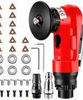 Red 2-in-1 pneumatic chamfering tool with assorted carbide triangle cutters, bearings, adapters, screws, and hex wrenches.