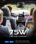 Retractable USB C Car Charger 75W Fast 4 In 1 Dual Type C in use during road trip, charging multiple devices inside a car