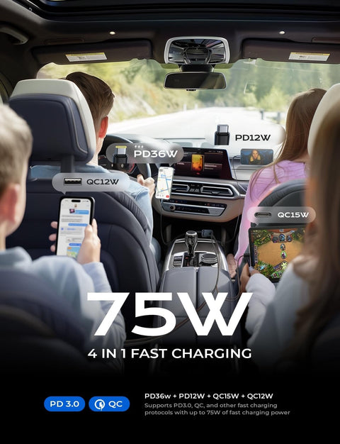 Retractable USB C Car Charger 75W Fast 4 In 1 Dual Type C in use during road trip, charging multiple devices inside a car