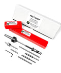 MT2 Pen Turning Mandrel Kit With 7mm Drill Bit And Deluxe Barrel Trimmer laid out with accessories and red packaging