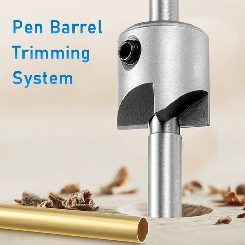 Seven Piece Pencil Trimmer Kit For Pen Turning Pro Grade Precision Cutter System with close-up of cutter head and brass sleeve.