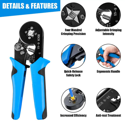 Pro Grade Ferrule Crimping Tool Kit With 1800 Wire End Terminals And Crimpers, Self Adjustable Ratchet for AWG 23-7 features diagram