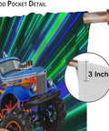 Monster Truck Curtain Set For Boys Bedroom Cartoon 3D Green Light Graffiti 4x4 Flame Buggy Car Window Drapes 42x45 Inches Close-up