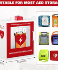 Blulu AED cabinet front view; white metal wall-mounted with red front door, clear window, handle and alarm.