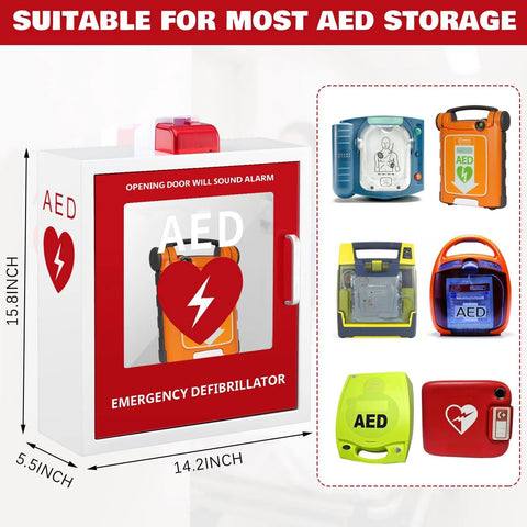 Blulu AED cabinet front view; white metal wall-mounted with red front door, clear window, handle and alarm.
