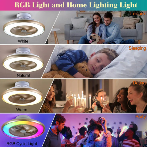 22 Inch Bladeless Low Profile Ceiling Fan With Lights And Remote Enclosed Flush Mount RGB 7 Color Mood Lighting for various moods.