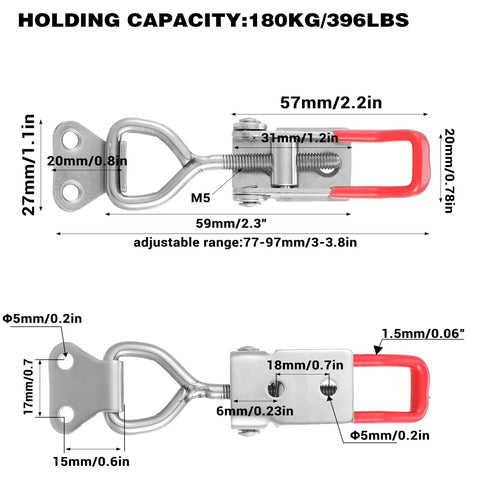 4 Pack Toggle Latch Clamp Set 304 Stainless Steel Quick Release Latches With 396 Lbs Holding Capacity, detailed dimensions view