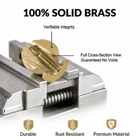 Full view of Easy Install Real Deal Solid Brass Mini Knobs 5 Pack Measure a True 1/2 Inch showing solid brass material and construction details.