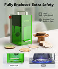 xTool F1 Lite laser engraver, green enclosed portable desktop unit with handle and red stop button