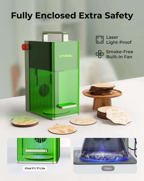xTool F1 Lite laser engraver, green enclosed portable desktop unit with handle and red stop button