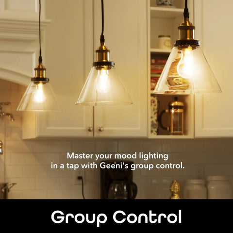 Pendant lights in kitchen setting, showcasing lighting control with Geeni's group feature.