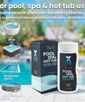 Image of Go To 7 In 1 Pool And Spa Test Strips Kit, 100 Count Water Testing Strips for pool, spa, hot tub use with packaging.