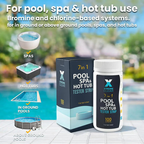Image of Go To 7 In 1 Pool And Spa Test Strips Kit, 100 Count Water Testing Strips for pool, spa, hot tub use with packaging.