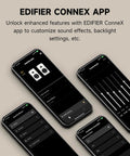 Four smartphones displaying the Edifier ConneX app interface for M60 Desktop Bluetooth Speaker With 66W RMS Output, Hi Res Audio.