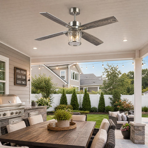 TALOYA 52" Farmhouse Ceiling Fan with Light and Remote, Rustic Style, suspended over patio dining area with textured glass shade.