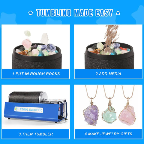 6Lb Dual Drum Rock Tumbler Kit With Walnut Shell Media Dope Easy To Use Rock Polisher For Beginners And Pros Double Drum Design Great For Kids And Adults Includes Belts And Instructions showing tumbling process with colorful rocks and jewelry.