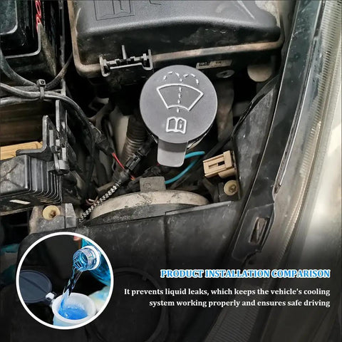 Windshield Washer Fluid Reservoir Cap Replacement For Chevy GMC Buick Cadillac, installed in engine bay, leak free fit