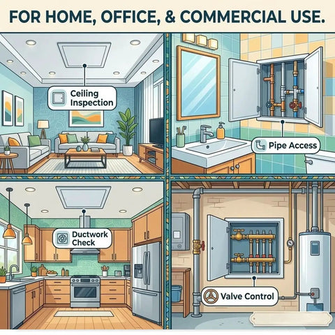Illustration showcasing Heavy Duty Aluminum Access Panel For Drywall And Ceiling, Large Attic Access Door For Hvac Plumbing, Self Adhesive Flush Mount Wall Cover With Magnetic Latch, White 12x18 Inch, Built Tough As Nails For Easy Peasy Updates in home, office and commercial settings.