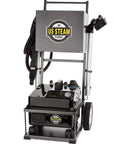 Hardcore Commercial Steam Cleaner With Dual Boiler And Rolling Utility Cart For Pro Auto Detailing, black and gray machine with controls and hose.