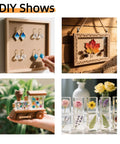 Collage of DIY craft projects including earrings, autumn leaf wall art, wooden train, and flower displays.
