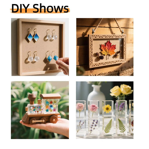Collage of DIY craft projects including earrings, autumn leaf wall art, wooden train, and flower displays.