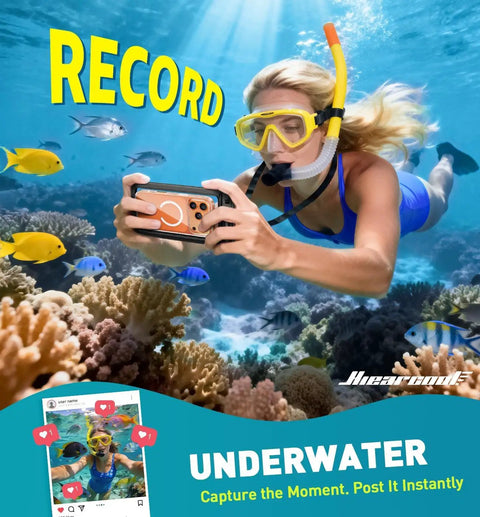 Woman snorkeling underwater using IPX8 Waterproof Phone Pouch For iPhone 17 16 15 14 Pro Max Cruise Ready Dry Bag with coral reef view.