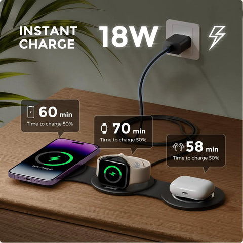 Three-In-One Wireless Charging Dock for iPhone 17 16 15 14 13, Apple Watch and AirPods, showing instant charge on wood surface
