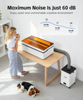 Low Noise Laser Fume Extractor For 10 To 40W Engravers with graphic showing noise comparison in a modern workshop.