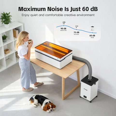 Low Noise Laser Fume Extractor For 10 To 40W Engravers with graphic showing noise comparison in a modern workshop.