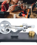 Hands On Stirling Engine Model Kit With Aluminum Alloy Construction External Combustion Engine For Realistic Physics Experiments A Kid Friendly STEM Educational Toy For Classroom Projects And Home Learning, side view on black base