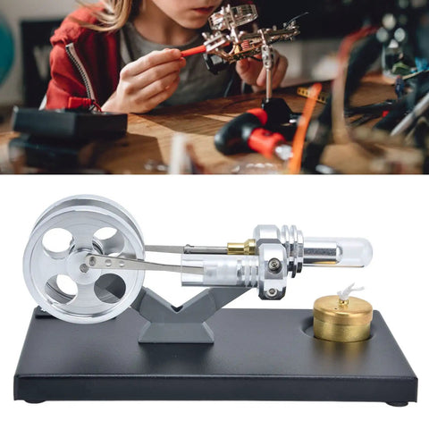 Hands On Stirling Engine Model Kit With Aluminum Alloy Construction External Combustion Engine For Realistic Physics Experiments A Kid Friendly STEM Educational Toy For Classroom Projects And Home Learning, side view on black base