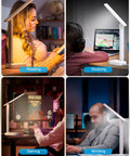 Clean Vibes Led Desk Lamp With Power Strip And 5 Ft Extension Cord, shown in reading, studying, gaming, and working settings.