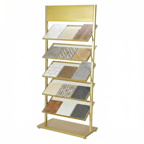 Five Tier Swatch Sample Storage Rack In Gold, Heavy Duty Metal Frame With Dense Wire Mesh, Stable Build For Ceramics, Glass, Building Materials, Space Saving Display Stand For Pro Grade Showcases, 67x35x150 cm