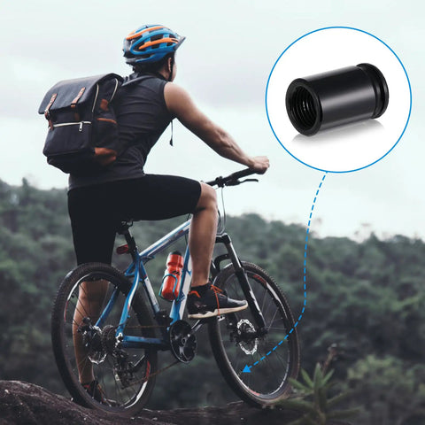 Cyclist with bike showing Bullet Style Valve Stem Caps Aluminum Alloy Built Tough Dustproof Waterproof, Black and Titanium.