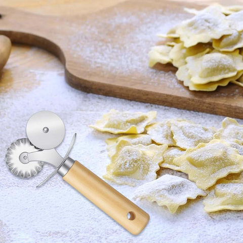 Sibba fluted double-wheel pastry cutter with wooden handle for ravioli and pasta dough.