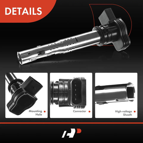 Detailed view of ignition coil packs for Audi and Volkswagen vehicles, plug and play, showing mounting hole, connector, and high-voltage sheath.