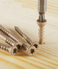 Badass Heavy Duty Deck Screws Assortment Kit 96 Piece Exterior Wood Fasteners with Torx drive in wood surface.