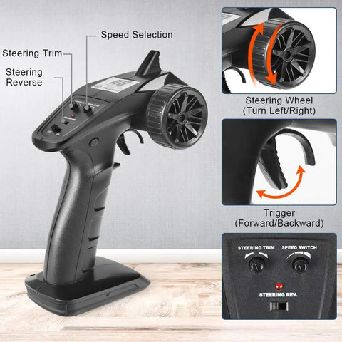 Remote control for One Sixteen Scale Two Point Four GHz 4x4 Off Road RC Monster Truck Waterproof Ready To Run with labeled functions