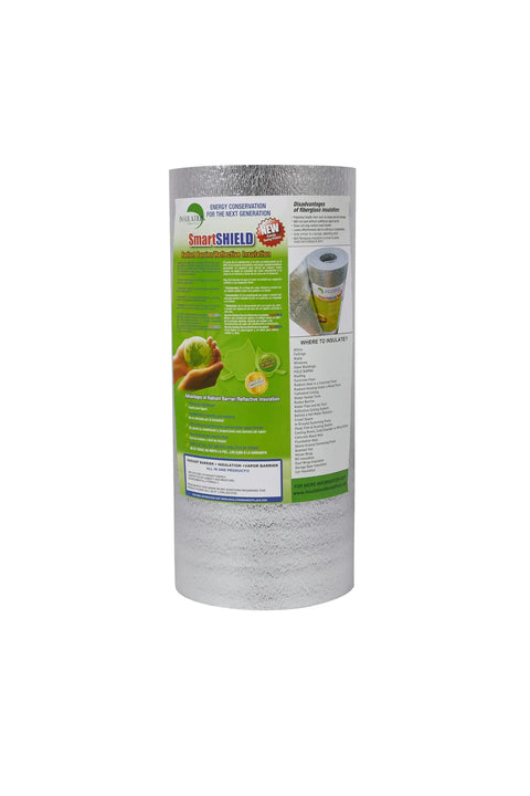 Reflective Insulation Roll With 3mm Foam Core Shield, 16 Inch By 25 Ft, showing labeled packaging with features and specifications
