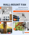 Collage of 20 Inch Wall Mount Oscillating Fan With Three Speed Beefy Airflow Up To 4650 CFM in gym, garage, patio, and deck settings.