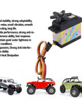 Heavy Duty 35Kg Digital RC Servo Featuring All Metal Gears And Beast Mode Response For Rock Solid Steering On 1/10 1/12 Scale RC Cars Trucks Robots And Custom Rigs with colorful design and attached wires.