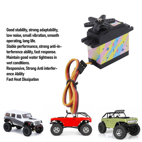 Heavy Duty 35Kg Digital RC Servo Featuring All Metal Gears And Beast Mode Response For Rock Solid Steering On 1/10 1/12 Scale RC Cars Trucks Robots And Custom Rigs with colorful design and attached wires.