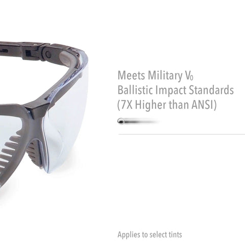 Close-up of Genesis Safety Glasses With Uvextreme Anti Fog Coating in Vapor Blue Frame, showcasing durable lens and impact standards