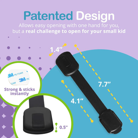 Adjustable And Reusable Kid Proof Cabinet Locks And Latches For Cabinets Doors Drawers Toilet And Fridge With Easy Install Adhesive Pads Pack Of 6 Black For Quick Strong Long Lasting Childproofing At Home showing dimensions and adhesive pad