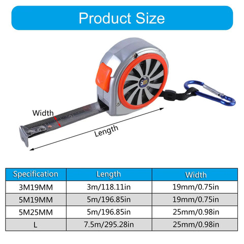 Rugged Steel Tape Measure With Handy Pocket Clip For Home Projects And Pro Craftwork shown with sizing chart