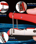 Close-up of Coax Cable Crimper Kit with 20 RG6 F Connectors and Stripping Tool showing net clamp and non-slip handle design.