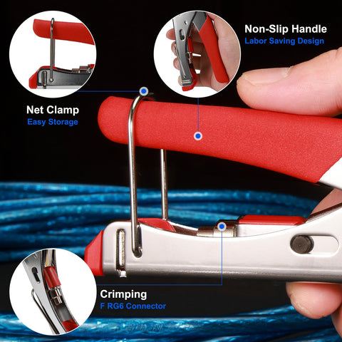 Close-up of Coax Cable Crimper Kit with 20 RG6 F Connectors and Stripping Tool showing net clamp and non-slip handle design.