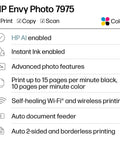Specifications for the Envy Photo 7975 Wireless Color Inkjet Printer For Home Use With Print Scan Copy No Fuss Setup Mobile Printing AI